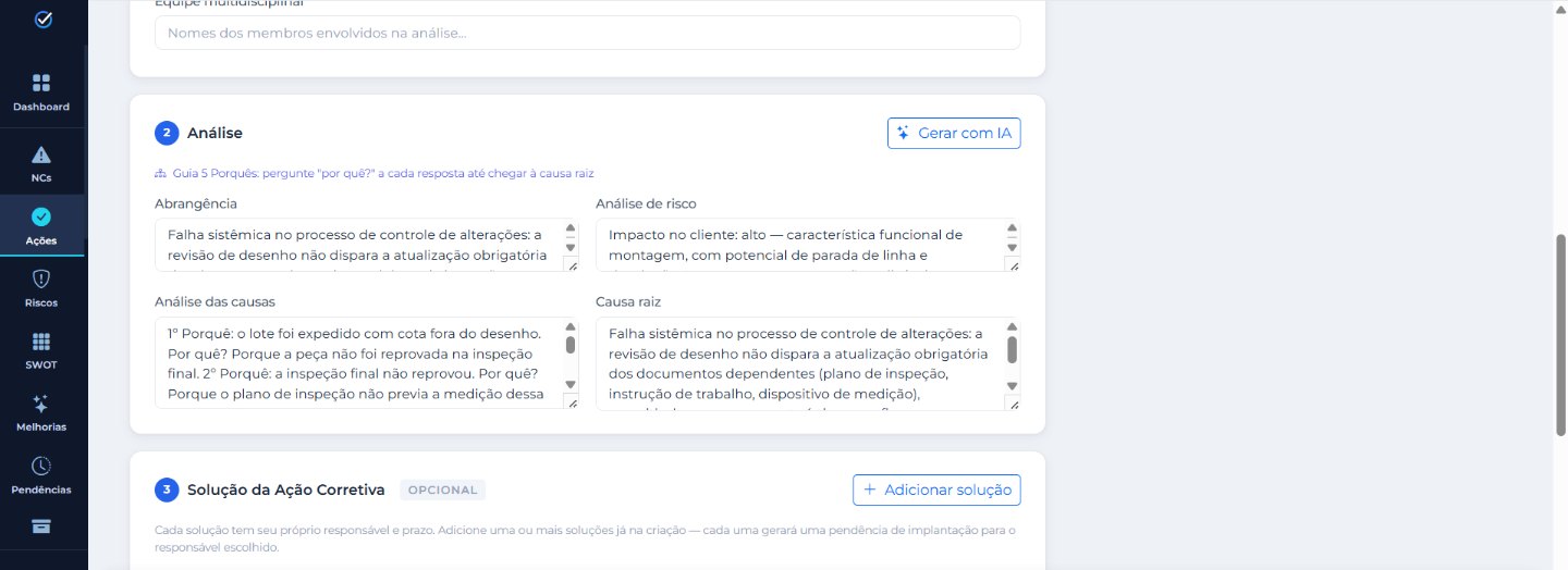 Etapa de análise de uma ação corretiva: abrangência, análise de risco, análise das causas pelos 5 porquês e causa raiz, com o botão Gerar com IA e o início do plano de soluções.