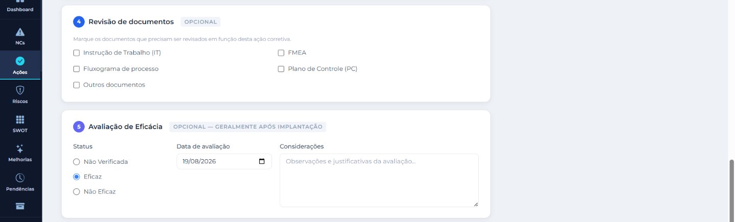 Etapas de revisão de documentos, com instrução de trabalho, fluxograma, FMEA e plano de controle, e de avaliação de eficácia, com status, data e considerações.