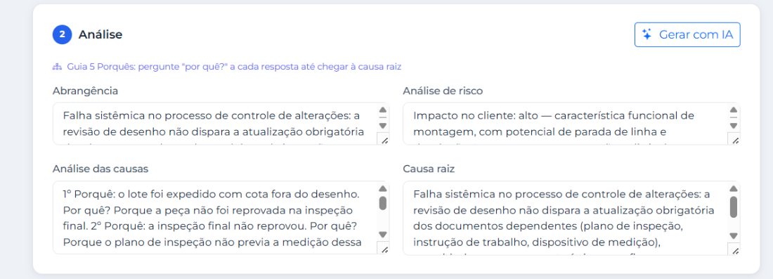 Etapa de análise de uma ação corretiva, com o botão Gerar com IA e os campos de abrangência, análise de risco, análise das causas e causa raiz.
